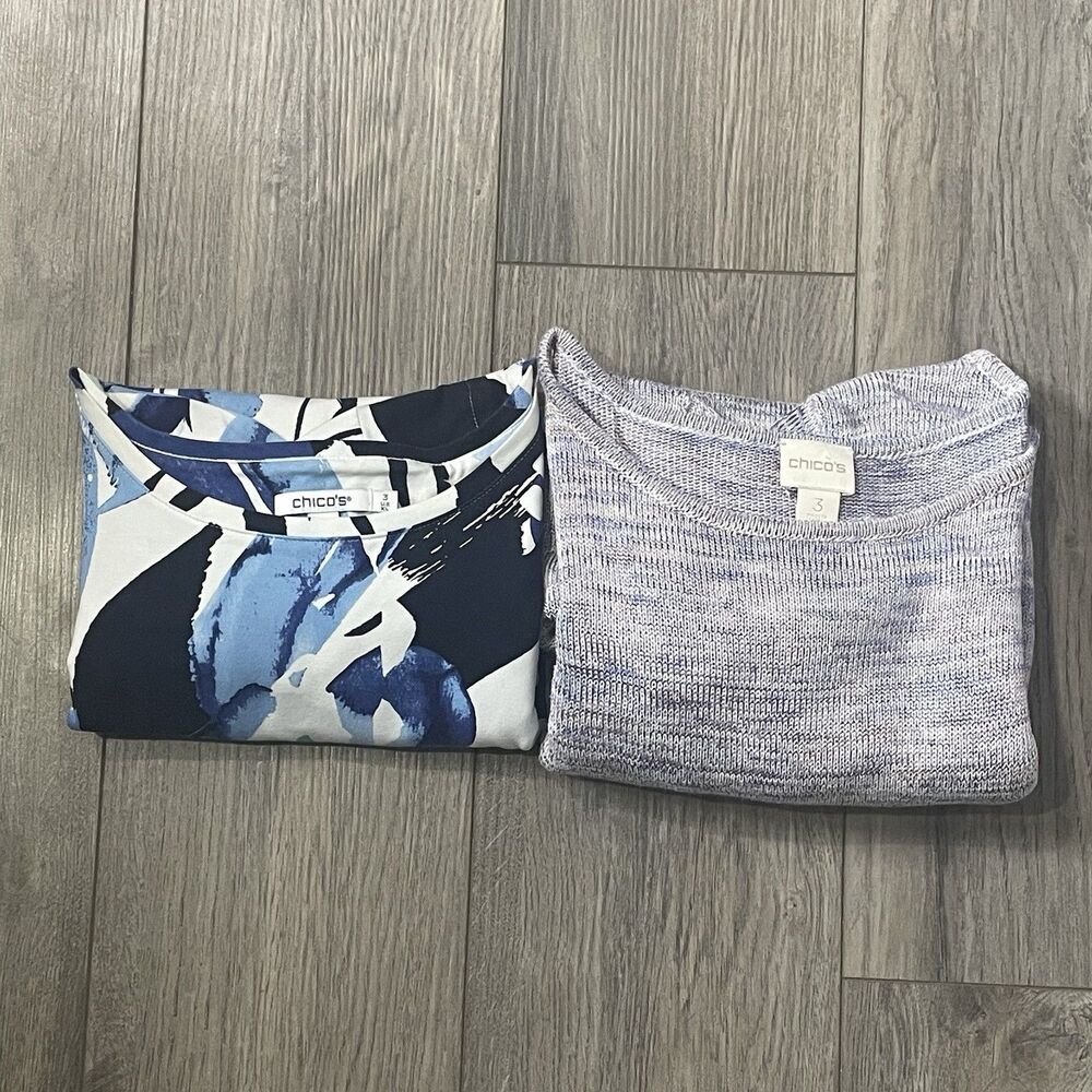 Chico's Sweaters Women's 3 Blue Purple Casual Scoop Neck Long Sleeve Bundle